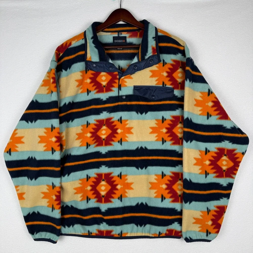 COMO X Fleece Pullover Mens Large Multicolor Southwestern Aztec 1/4 Snap Neck